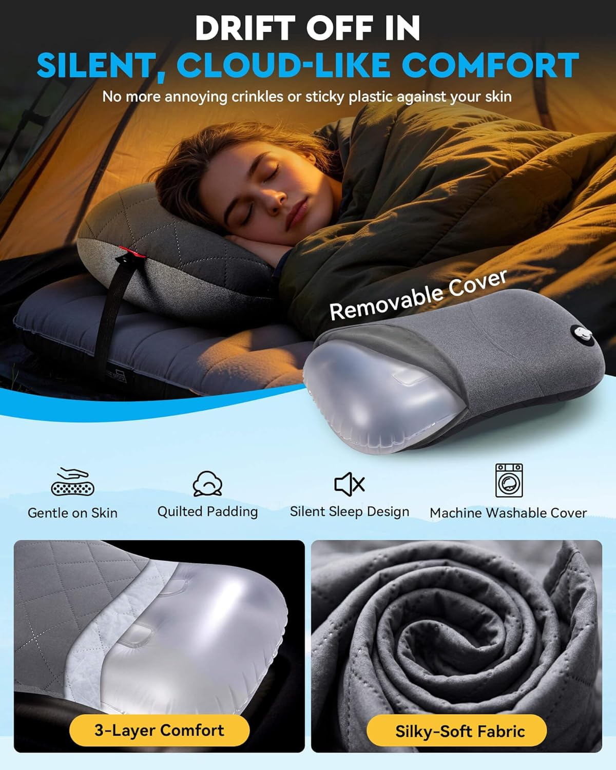 Hikenture Camping Pillow with Removable Cover - Ultralight Inflatable Pillow for Neck Lumbar Support - Upgrade Backpacking Pillow - Washable Travel Air Pillows for Camping, Hiking, Backpacking - Image 5