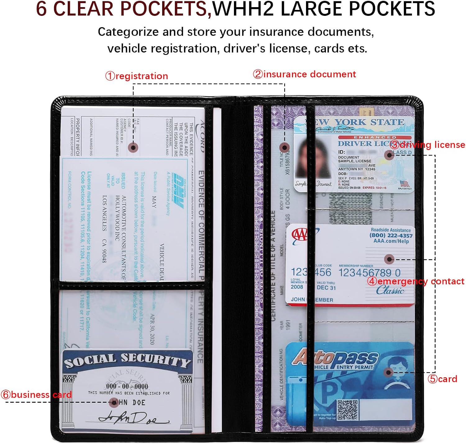 Car Registration and Insurance Card Holder for Women Men, Black Glove Box Paperwork Organizer with Magnetic Buckle for Easy Access and Protect Documents and Various Cards in Vehicle - Image 3